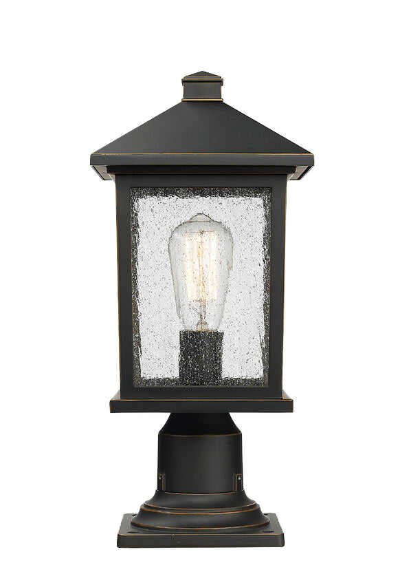 Z-Lite Portland 8" W x 18" H 1-Light Oil Rubbed Bronze Outdoor Pier Mounted Fixture and Square Pier Mount Hardware With Clear Seedy Glass Shade