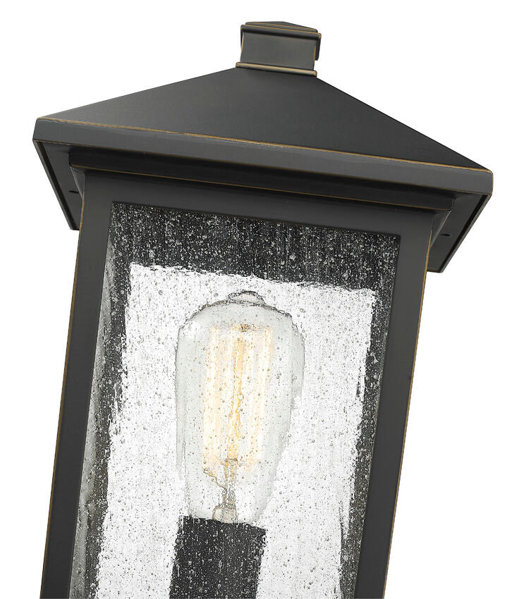Z-Lite Portland 8" W x 18" H 1-Light Oil Rubbed Bronze Outdoor Pier Mounted Fixture and Square Pier Mount Hardware With Clear Seedy Glass Shade