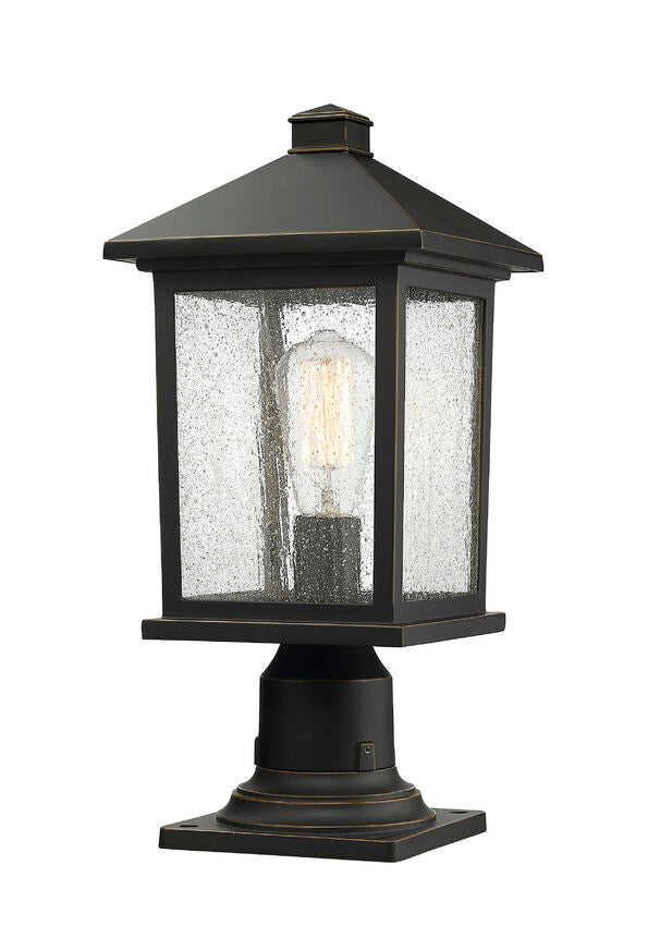 Z-Lite Portland 8" W x 18" H 1-Light Oil Rubbed Bronze Outdoor Pier Mounted Fixture and Square Pier Mount Hardware With Clear Seedy Glass Shade