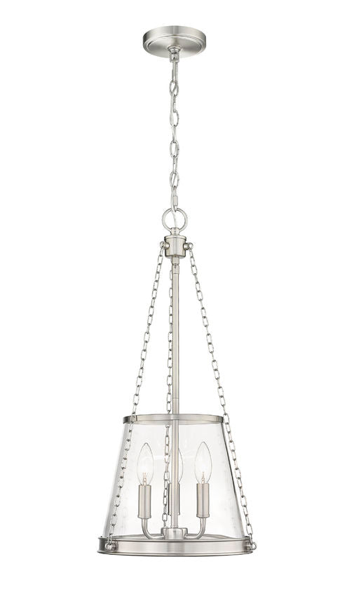 Z-Lite Prescott 12" 3-Light Brushed Nickel Pendant Light With Clear Glass Shade