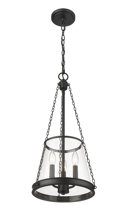 Z-Lite Prescott 12" 3-Light Matte Black Pendant Light With Clear Glass Shade