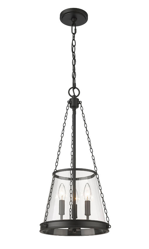 Z-Lite Prescott 12" 3-Light Matte Black Pendant Light With Clear Glass Shade