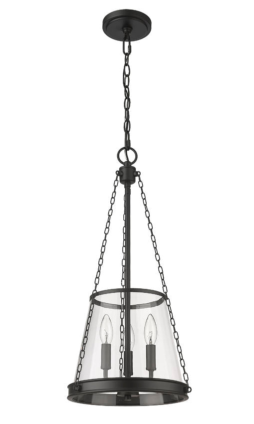 Z-Lite Prescott 12" 3-Light Matte Black Pendant Light With Clear Glass Shade