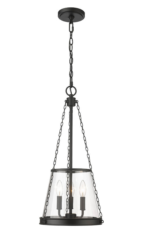 Z-Lite Prescott 12" 3-Light Matte Black Pendant Light With Clear Glass Shade