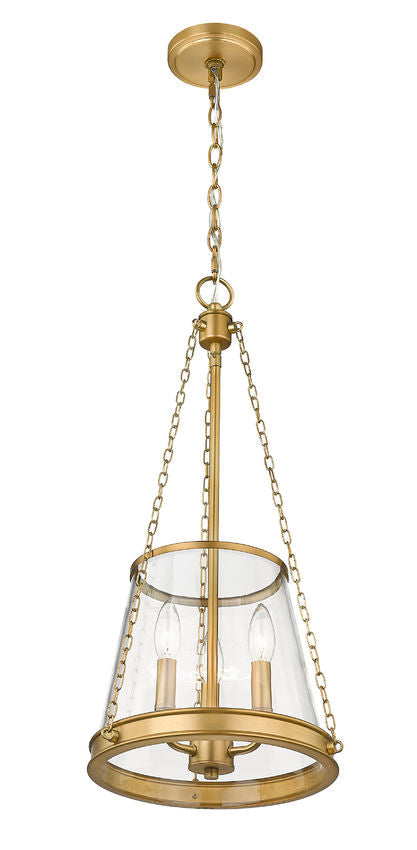 Z-Lite Prescott 12" 3-Light Rubbed Brass Pendant Light With Clear Glass Shade