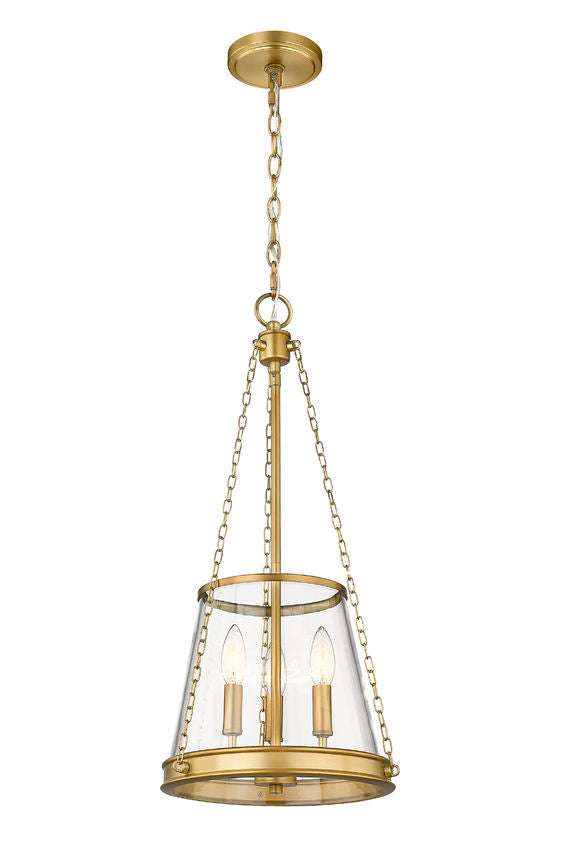 Z-Lite Prescott 12" 3-Light Rubbed Brass Pendant Light With Clear Glass Shade