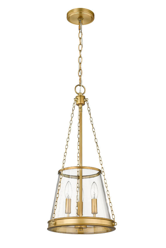 Z-Lite Prescott 12" 3-Light Rubbed Brass Pendant Light With Clear Glass Shade