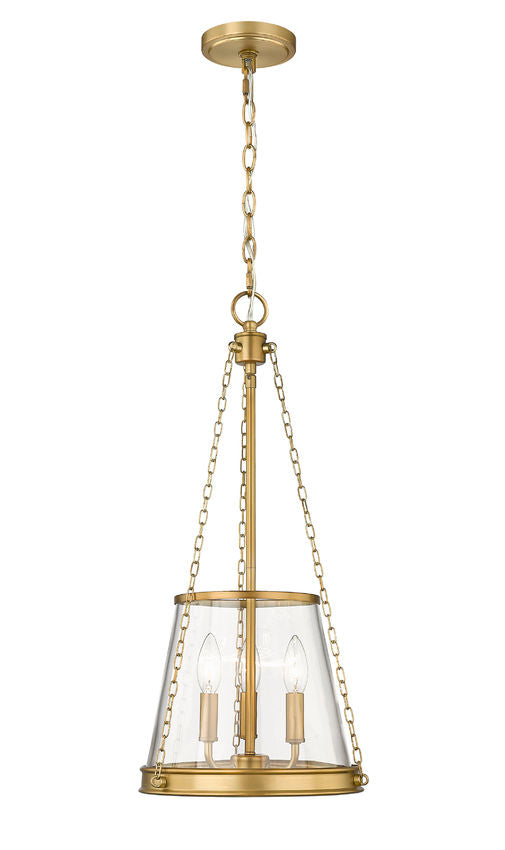Z-Lite Prescott 12" 3-Light Rubbed Brass Pendant Light With Clear Glass Shade