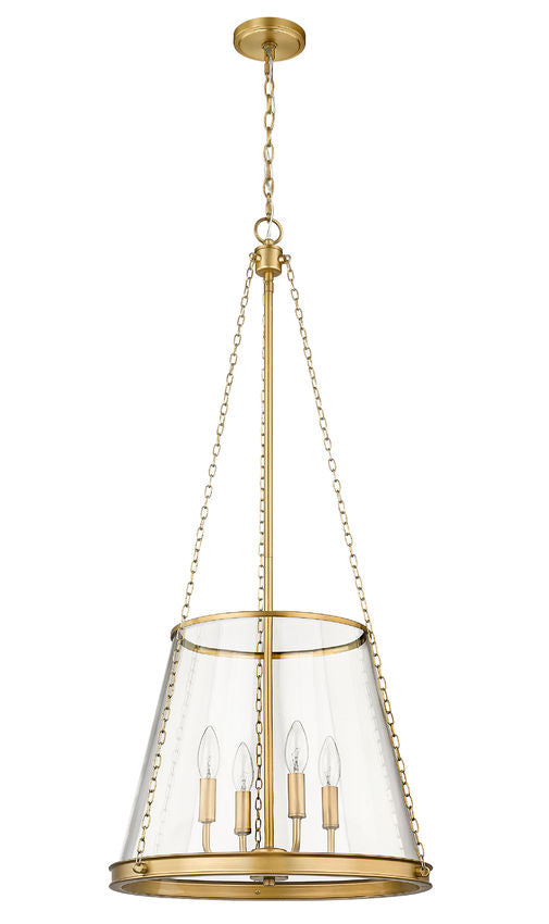 Z-Lite Prescott 18" 4-Light Rubbed Brass Pendant Light With Clear Glass Shade