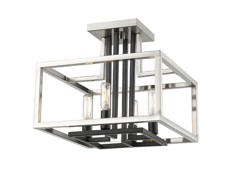 Z-Lite Quadra 12" 4-Light Brushed Nickel and Black Steel Semi Flush Mount