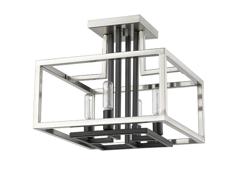 Z-Lite Quadra 12" 4-Light Brushed Nickel and Black Steel Semi Flush Mount