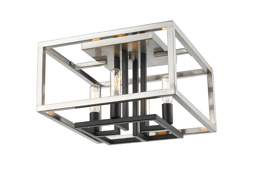 Z-Lite Quadra 13" 4-Light Brushed Nickel and Black Steel Flush Mount Lighting