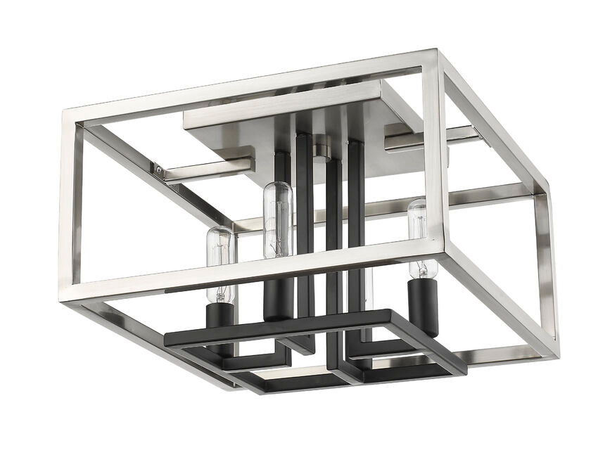 Z-Lite Quadra 13" 4-Light Brushed Nickel and Black Steel Flush Mount Lighting