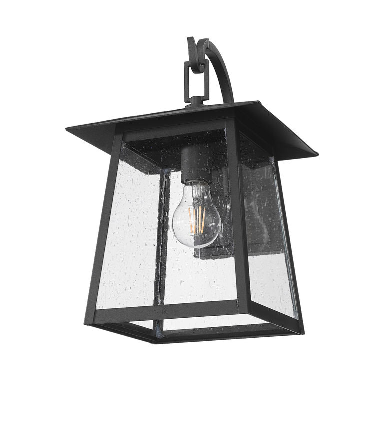 Z-Lite Rainer 10" 1-Light Black Aluminum Outdoor Wall Light With Clear Seedy Glass Shade