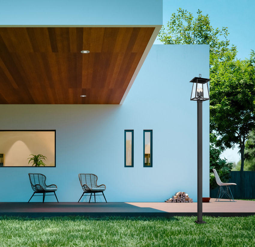 Z-Lite Rainer 14" W x 117" H 4-Light Black Aluminum Outdoor Post Mounted Fixture With Clear Seedy Glass Shade