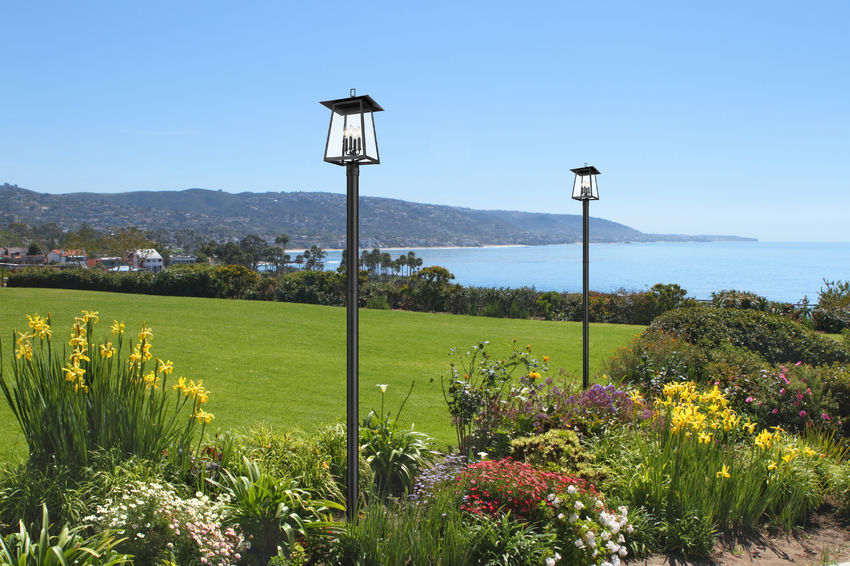Z-Lite Rainer 14" W x 118" H 4-Light Black Aluminum Outdoor Post Mounted Fixture With Clear Seedy Glass Shade