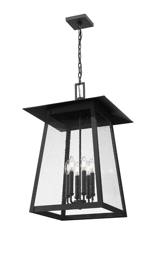 Z-Lite Rainer 18" 6-Light Black Aluminum Outdoor Chain Mount Ceiling Fixture With Clear Seedy Glass Shade