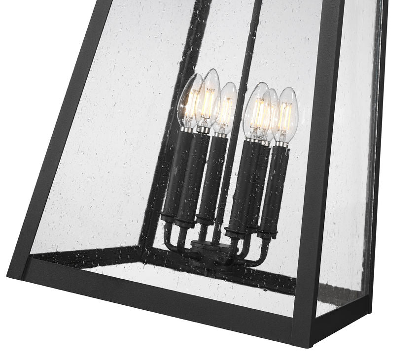 Z-Lite Rainer 18" 6-Light Black Aluminum Outdoor Chain Mount Ceiling Fixture With Clear Seedy Glass Shade