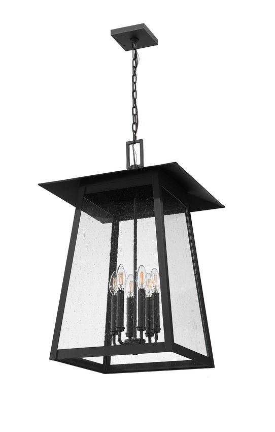 Z-Lite Rainer 18" 6-Light Black Aluminum Outdoor Chain Mount Ceiling Fixture With Clear Seedy Glass Shade