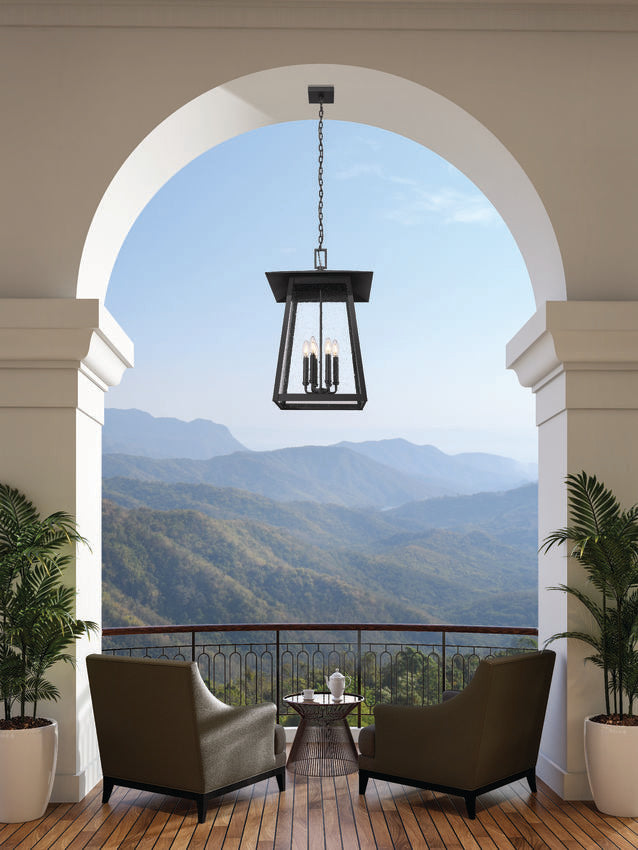 Z-Lite Rainer 18" 6-Light Black Aluminum Outdoor Chain Mount Ceiling Fixture With Clear Seedy Glass Shade