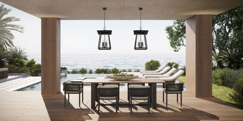Z-Lite Rainer 18" 6-Light Black Aluminum Outdoor Chain Mount Ceiling Fixture With Clear Seedy Glass Shade