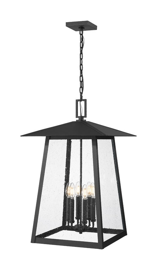 Z-Lite Rainer 18" 6-Light Black Aluminum Outdoor Chain Mount Ceiling Fixture With Clear Seedy Glass Shade
