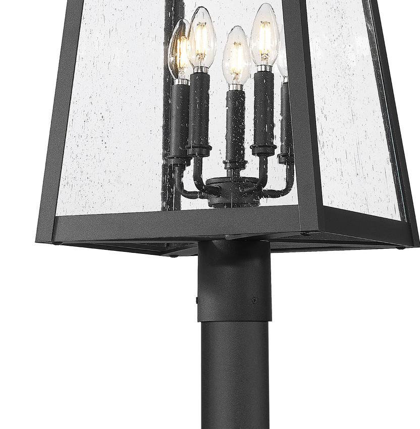 Z-Lite Rainer 5015PHXLR-5010P-BK 5-Light Black Aluminum Outdoor Post Mounted Fixture With Clear Seedy Glass Shade