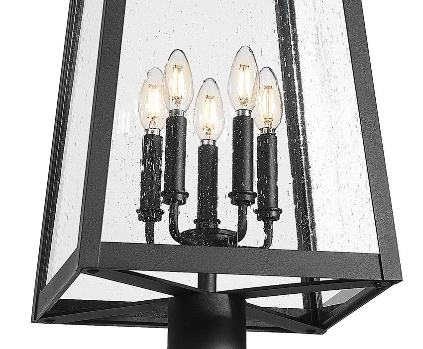 Z-Lite Rainer 5015PHXLR-519P-BK 5-Light Black Aluminum Outdoor Post Mounted Fixture With Clear Seedy Glass Shade