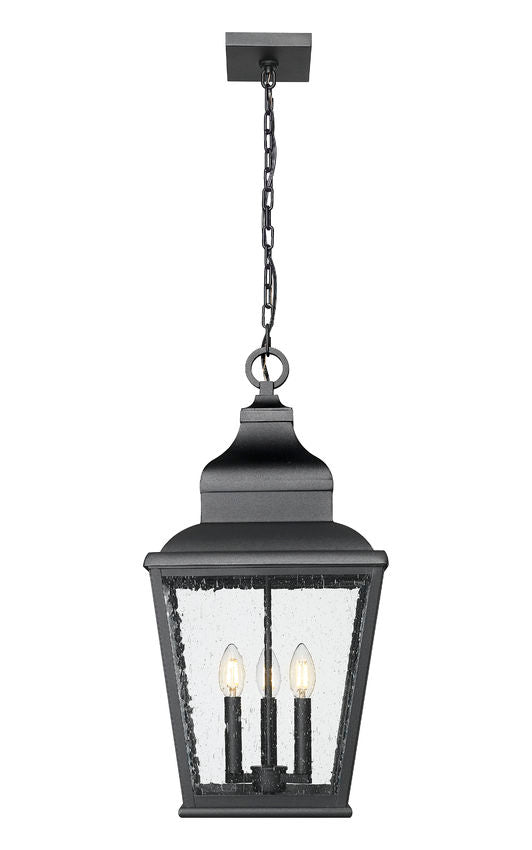 Z-Lite Raphael 3-Light Sand Black Aluminum Frame Clear Seedy Glass Shade Outdoor Chain Mount Ceiling Fixture