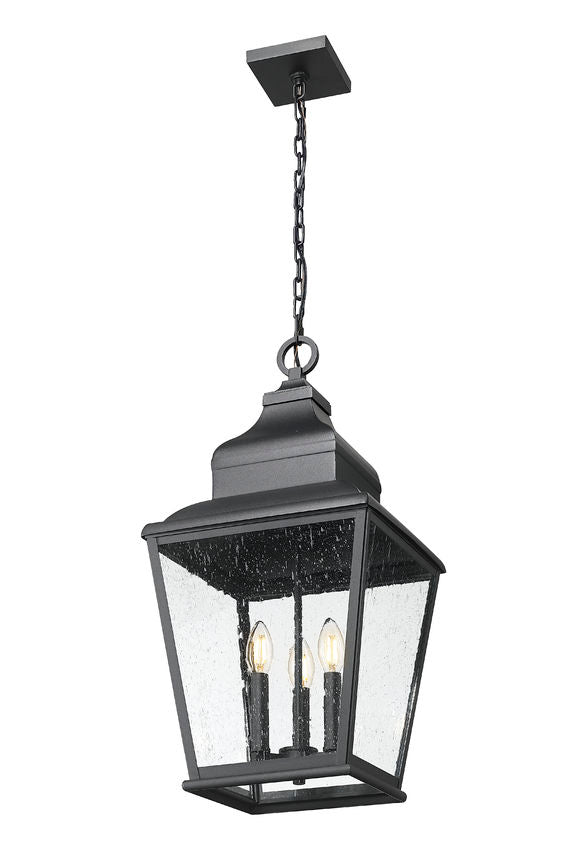 Z-Lite Raphael 3-Light Sand Black Aluminum Frame Clear Seedy Glass Shade Outdoor Chain Mount Ceiling Fixture
