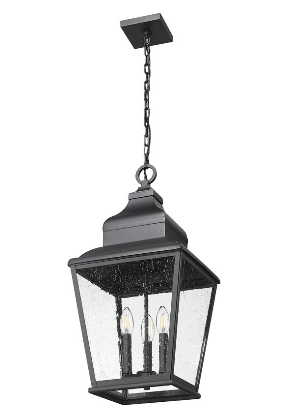 Z-Lite Raphael 3-Light Sand Black Aluminum Frame Clear Seedy Glass Shade Outdoor Chain Mount Ceiling Fixture