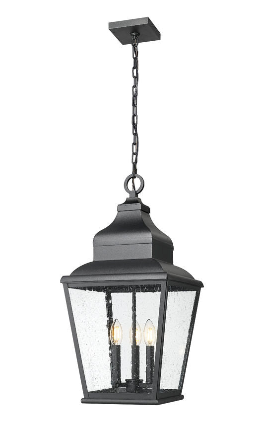 Z-Lite Raphael 3-Light Sand Black Aluminum Frame Clear Seedy Glass Shade Outdoor Chain Mount Ceiling Fixture