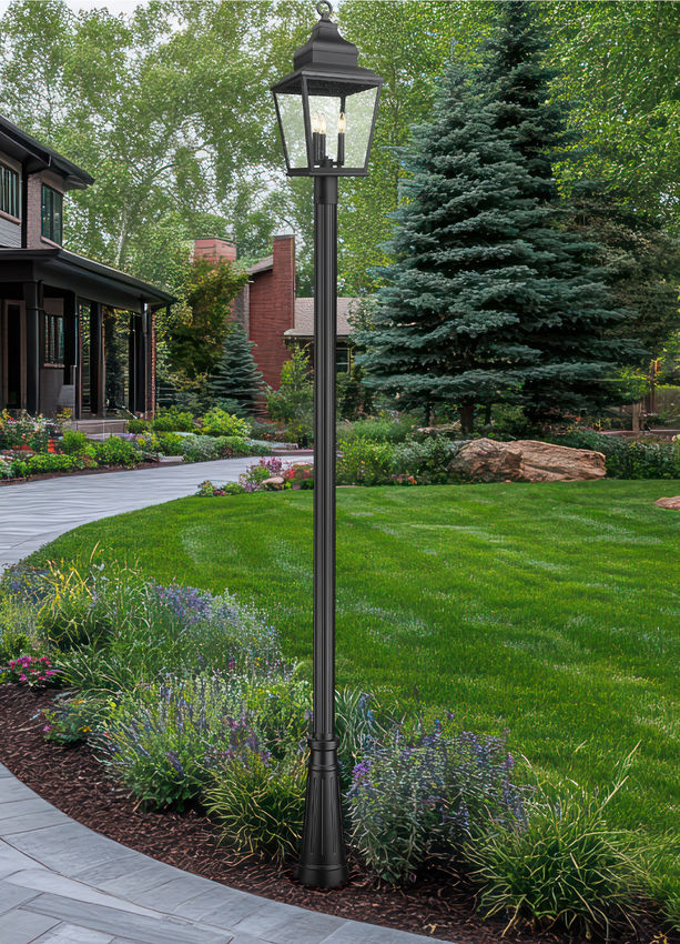 Z-Lite Raphael 3-Light Sand Black Aluminum Frame Clear Seedy Glass Shade Outdoor Post Mounted Fixture