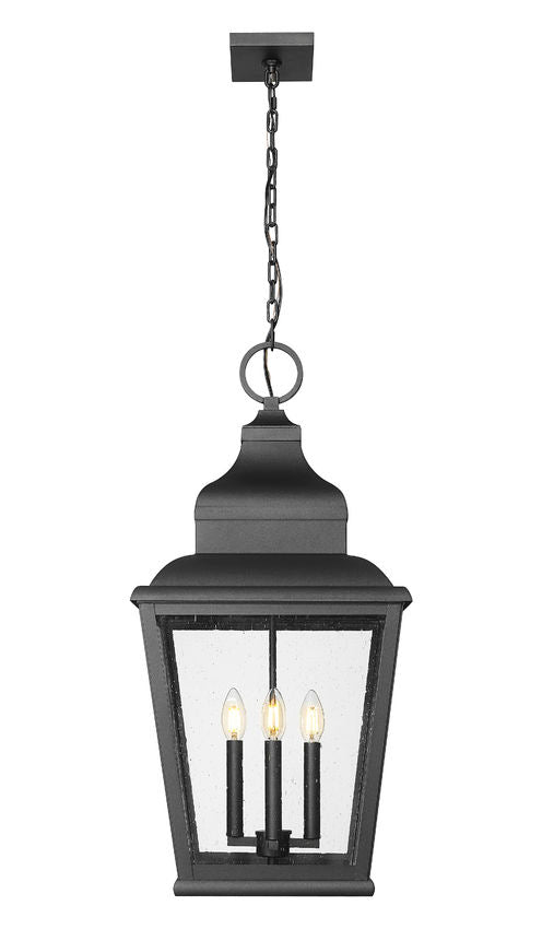 Z-Lite Raphael 4-Light Sand Black Aluminum Frame Clear Seedy Glass Shade Outdoor Chain Mount Ceiling Fixture