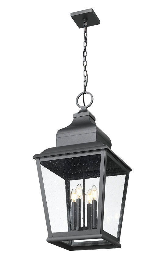 Z-Lite Raphael 4-Light Sand Black Aluminum Frame Clear Seedy Glass Shade Outdoor Chain Mount Ceiling Fixture