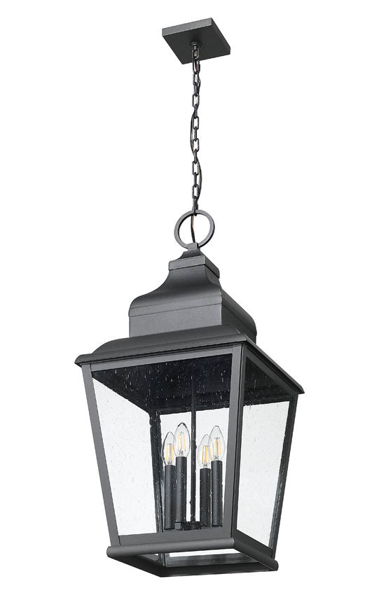 Z-Lite Raphael 4-Light Sand Black Aluminum Frame Clear Seedy Glass Shade Outdoor Chain Mount Ceiling Fixture