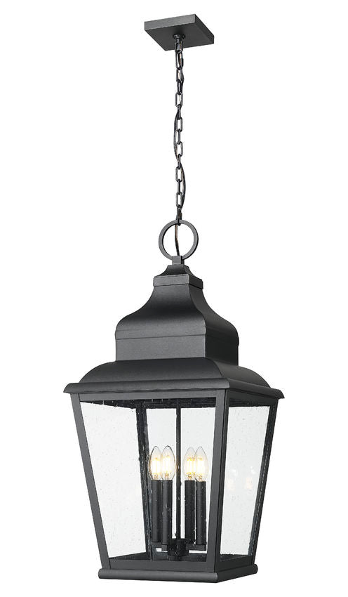 Z-Lite Raphael 4-Light Sand Black Aluminum Frame Clear Seedy Glass Shade Outdoor Chain Mount Ceiling Fixture