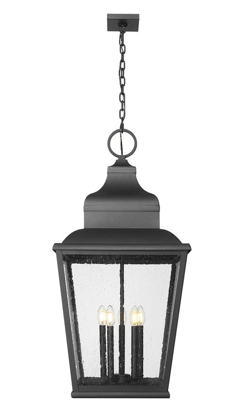 Z-Lite Raphael 5-Light Sand Black Aluminum Frame Clear Seedy Glass Shade Outdoor Chain Mount Ceiling Fixture