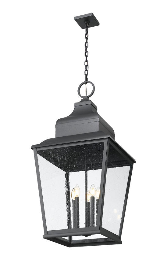 Z-Lite Raphael 5-Light Sand Black Aluminum Frame Clear Seedy Glass Shade Outdoor Chain Mount Ceiling Fixture