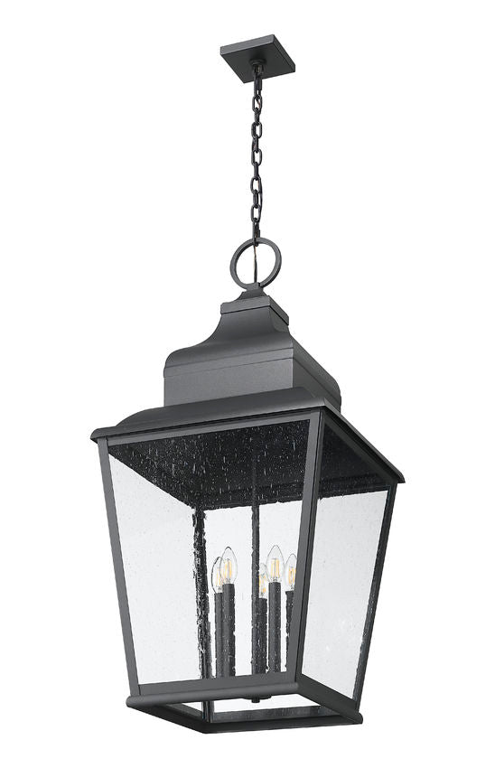 Z-Lite Raphael 5-Light Sand Black Aluminum Frame Clear Seedy Glass Shade Outdoor Chain Mount Ceiling Fixture