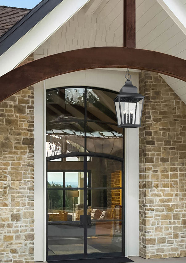 Z-Lite Raphael 5-Light Sand Black Aluminum Frame Clear Seedy Glass Shade Outdoor Chain Mount Ceiling Fixture