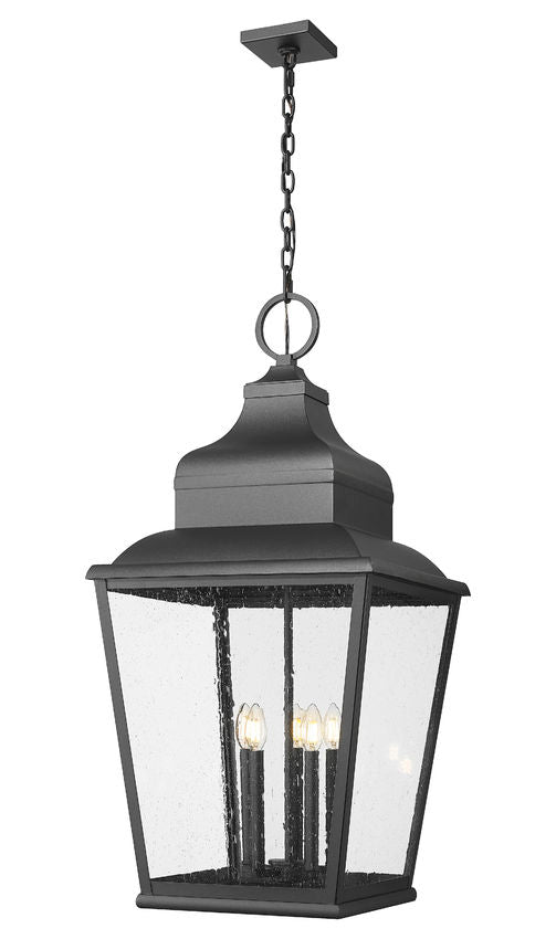 Z-Lite Raphael 5-Light Sand Black Aluminum Frame Clear Seedy Glass Shade Outdoor Chain Mount Ceiling Fixture