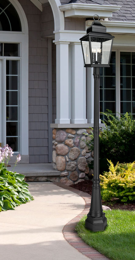 Z-Lite Raphael 5029PHXLR-564P-BK 4-Light Sand Black Aluminum Frame Clear Seedy Glass Shade Outdoor Post Mounted Fixture