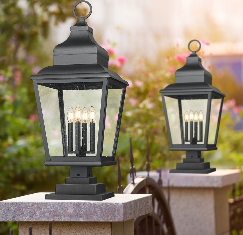Z-Lite Raphael 5029PHXLS-LSQPM-BK 4-Light Sand Black Aluminum Frame Clear Seedy Glass Shade Outdoor Pier Mounted Fixture