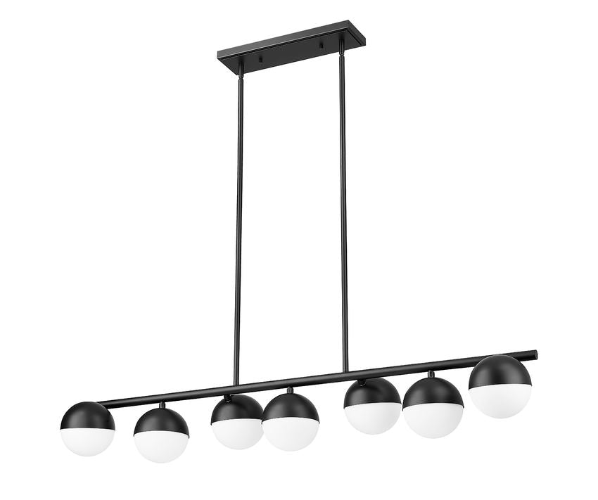 Z-Lite Realm Sphere 12" 7-Light Medium Base Matte Black Steel Matte Opal Glass Shade Linear Chandelier