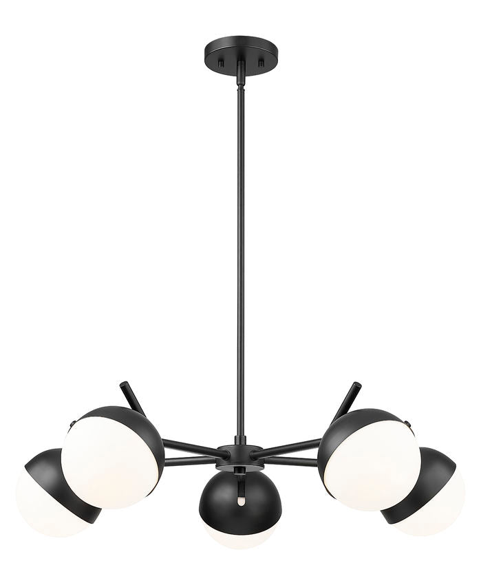 Z-Lite Realm Sphere 32" 5-Light Medium Base Matte Black Steel Matte Opal Glass Shade Chandelier
