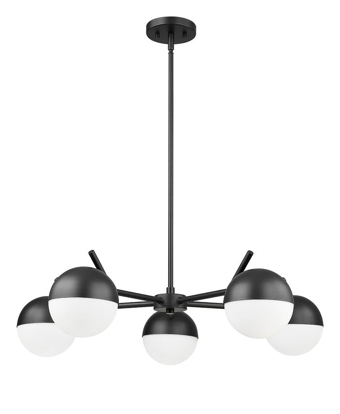 Z-Lite Realm Sphere 32" 5-Light Medium Base Matte Black Steel Matte Opal Glass Shade Chandelier