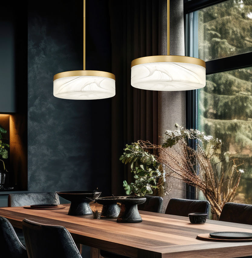 Z-Lite Renaud 13" 1-Light LED-Integrated Modern Gold Steel Frame Feathered White Glass Shade Pendant Light