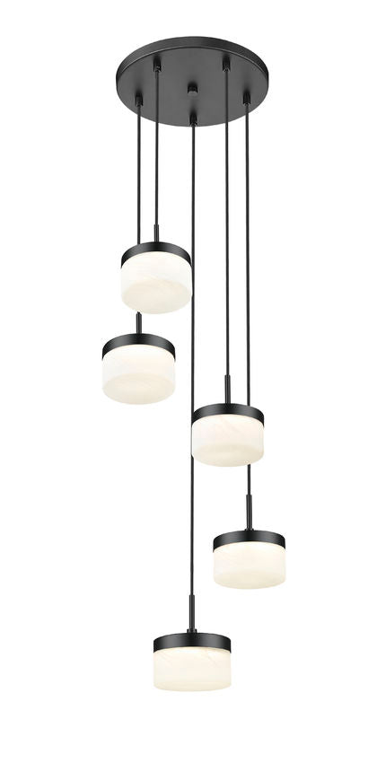 Z-Lite Renaud 16" 5-Light LED-Integrated Matte Black Steel Frame Feathered White Glass Shade Chandelier