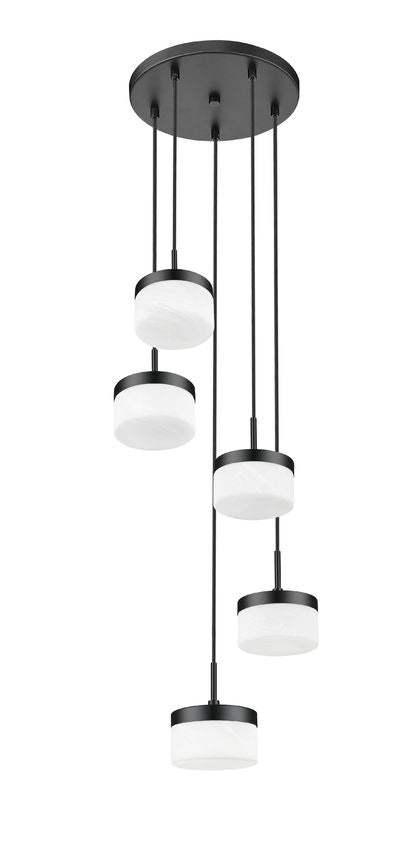 Z-Lite Renaud 16" 5-Light LED-Integrated Matte Black Steel Frame Feathered White Glass Shade Chandelier